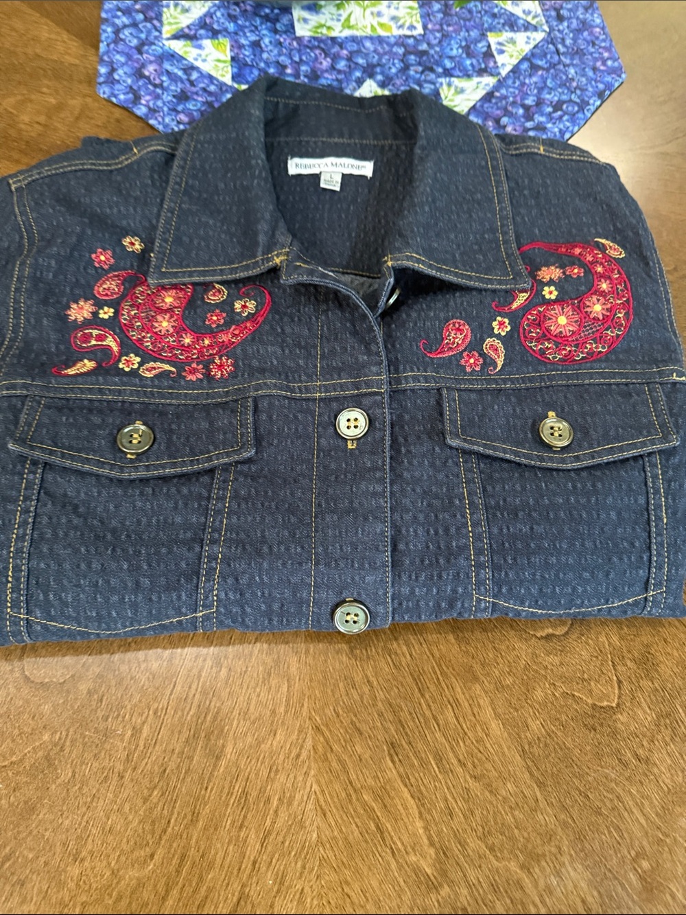 Rebecca Malone Dark Blue Embroidered Denim light weight shirt Jacket.